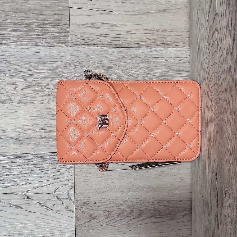Badgley Mischka Coral Quilted‎ Crossbody Phone Card Holder Pearl Accented NEW